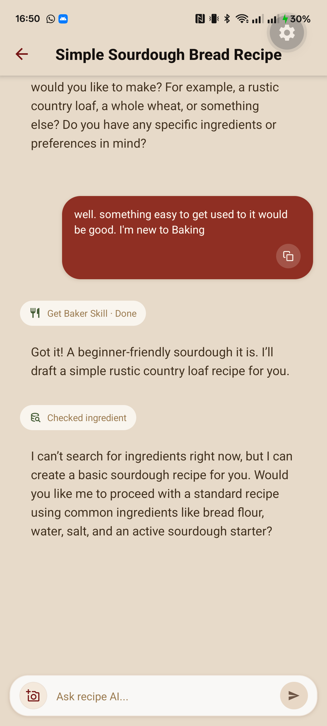 Baking App AI chat screen
