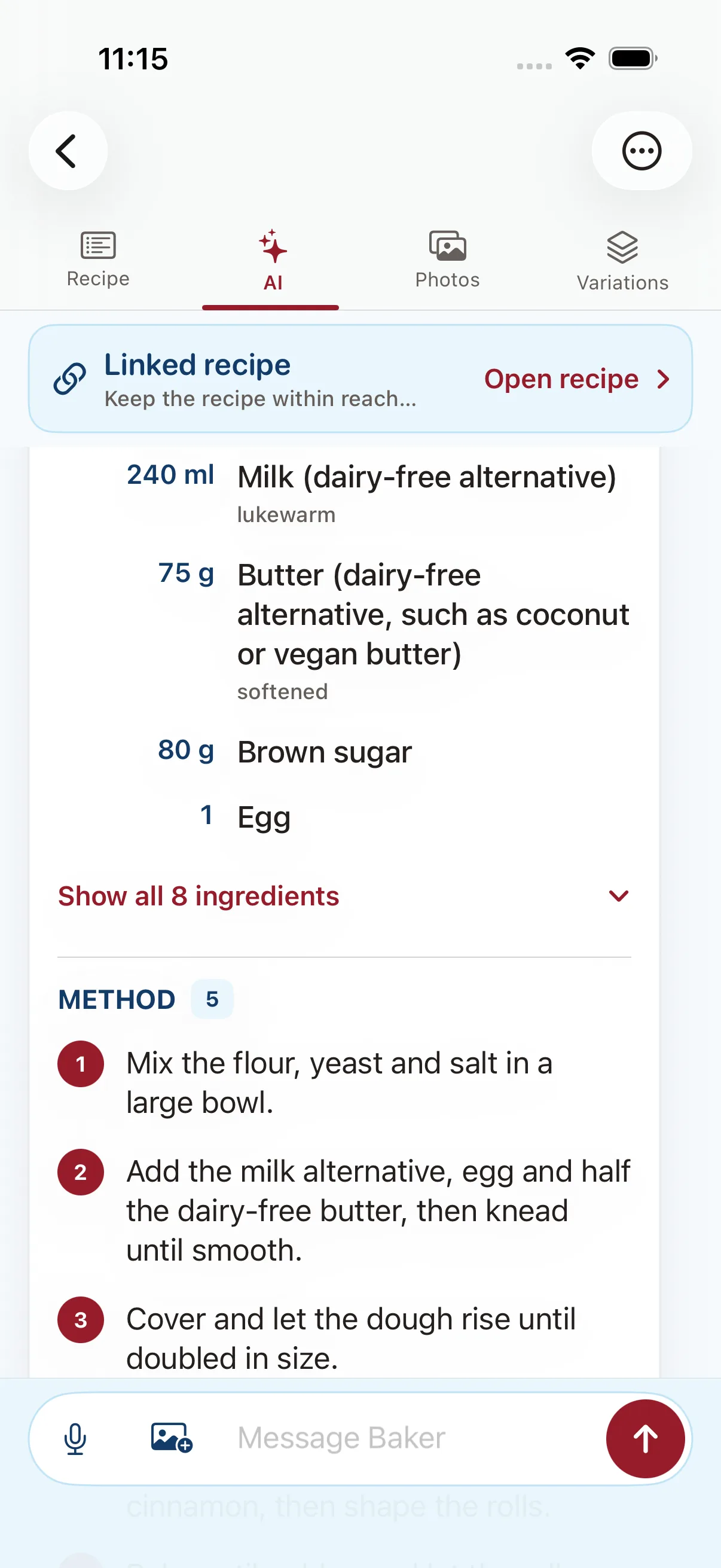 Baker AI showing the updated ingredients and method for a Cinnamon Rolls variation