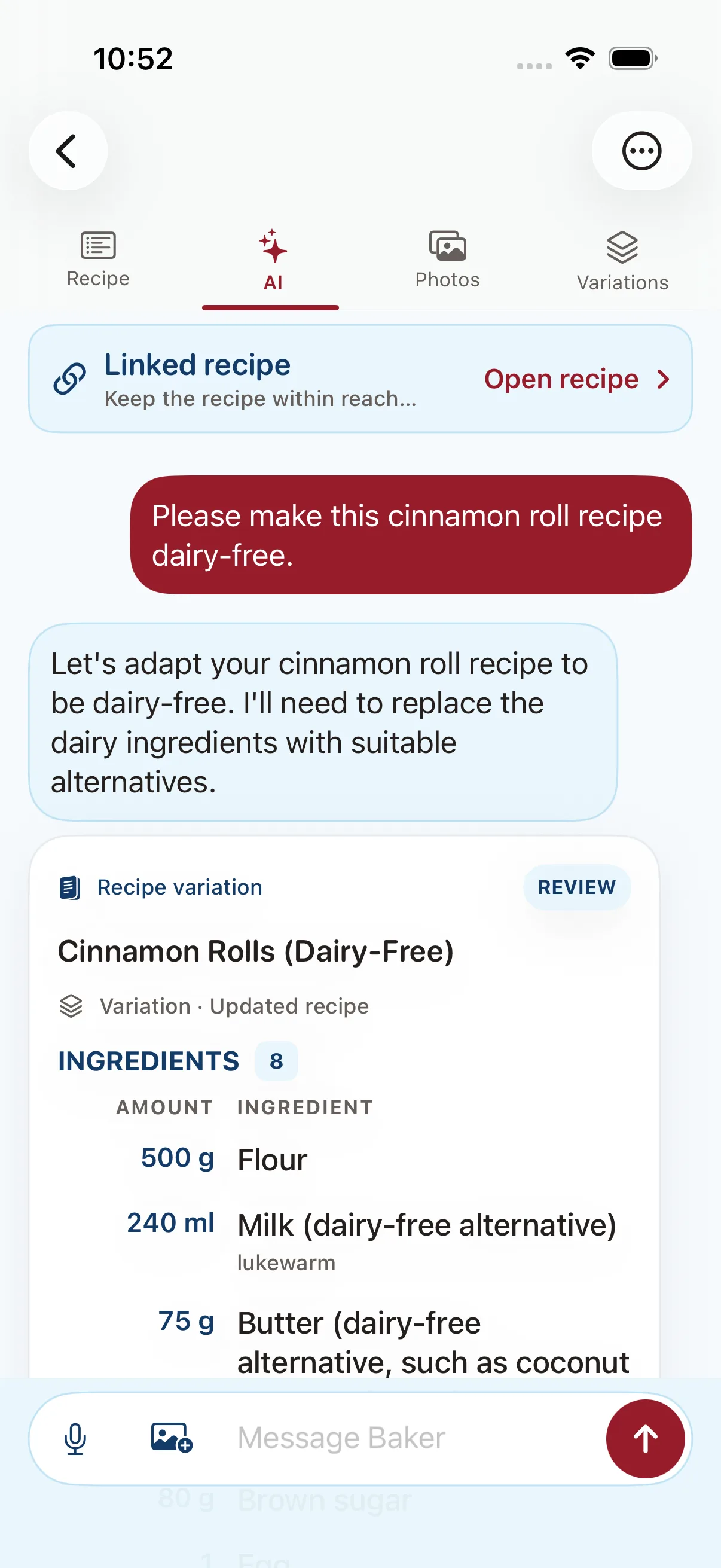 Baker AI proposing a dairy-free Cinnamon Rolls variation in the linked recipe chat