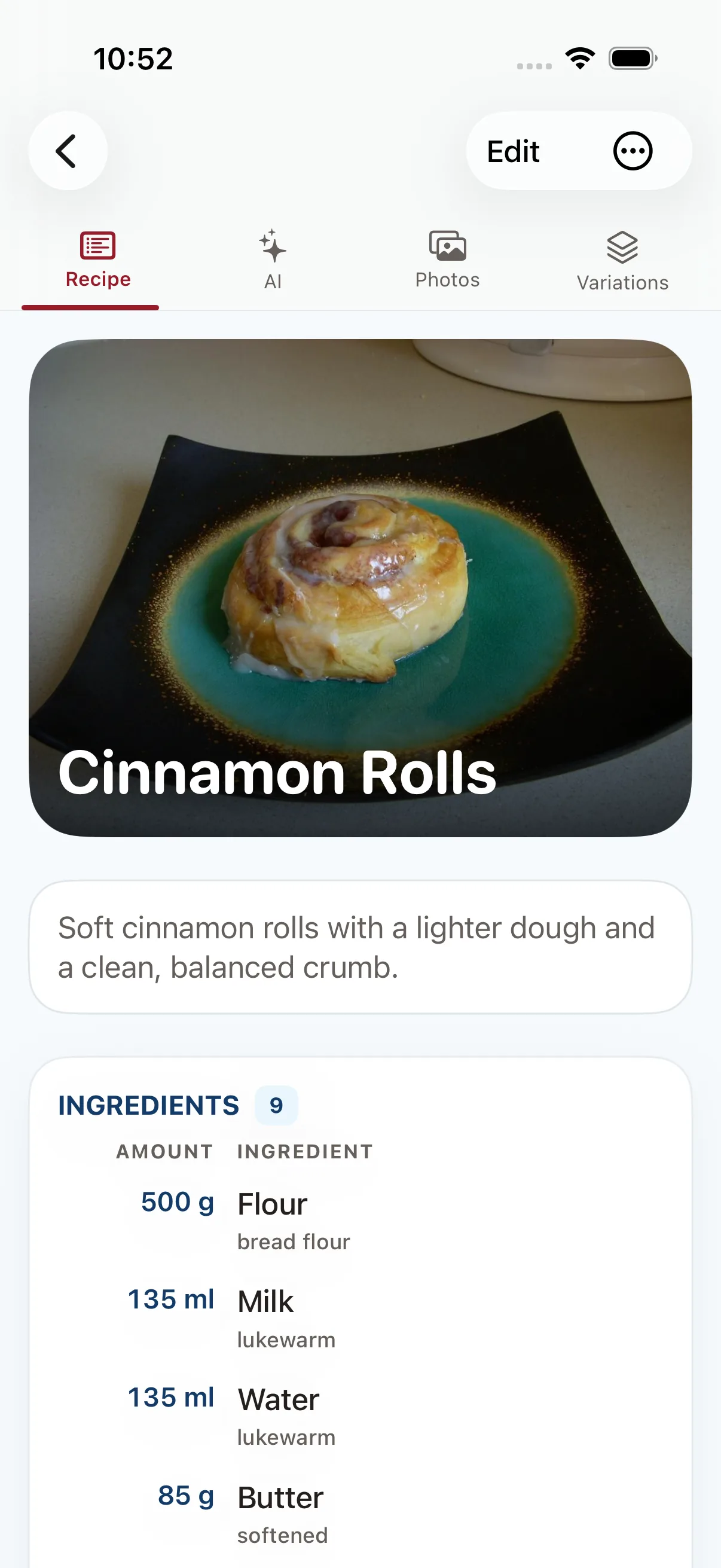 Cinnamon Rolls recipe with its ingredients in Baker on iOS